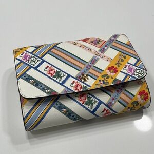 Tory Burch Floral Stripe Clutch in Cream and Multicolor